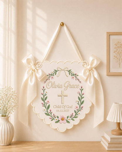 Personalized Embroidered Baptism Banner, Custom Baby Name Christening Sign, Child of God Nursery Wall Decor, Religious Baby Gift