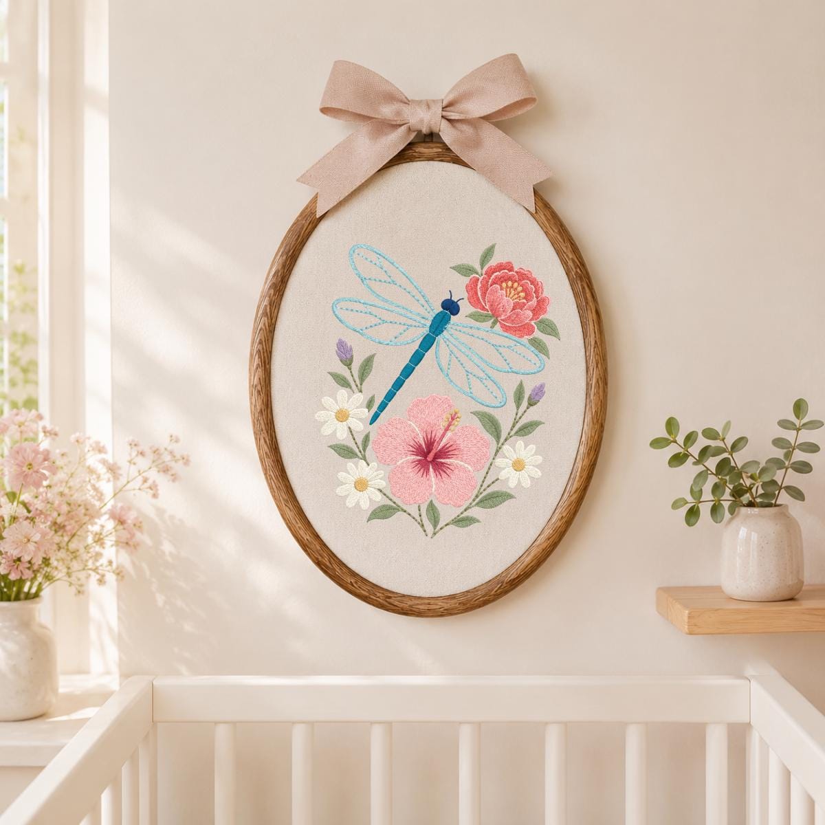 Embroidered Dragonfly Hoop Art Floral Wall Decor Hibiscus Peony Wildflower Botanical Nursery Hanging Nature Lover Gift Handmade Keepsake