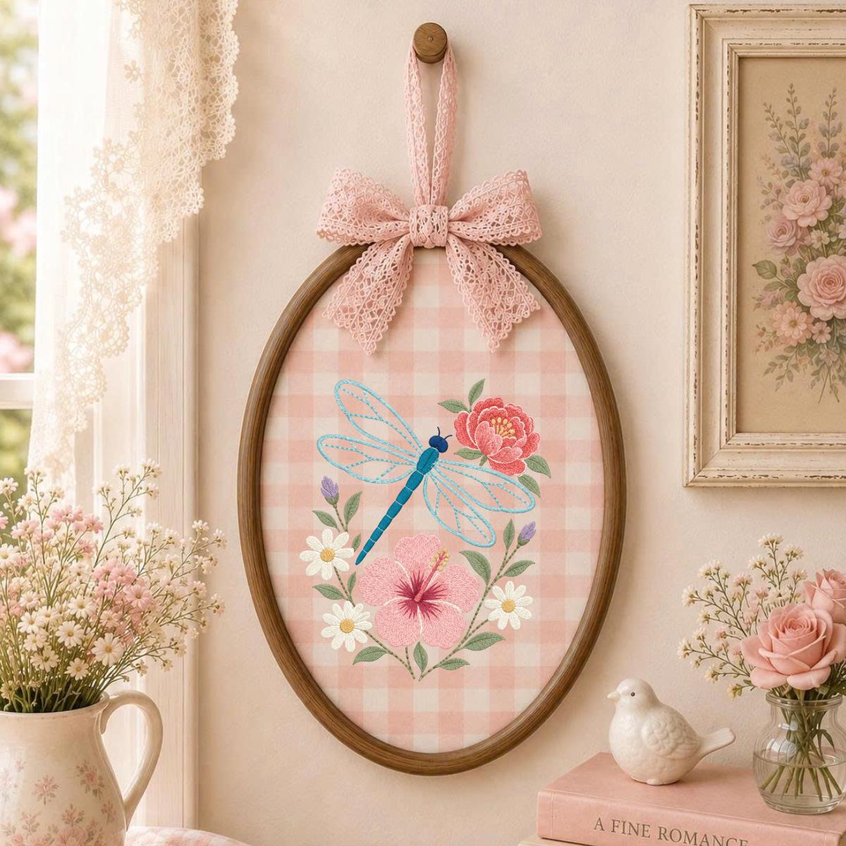 Embroidered Dragonfly Hoop Art Floral Wall Decor Hibiscus Peony Wildflower Botanical Nursery Hanging Nature Lover Gift Handmade Keepsake