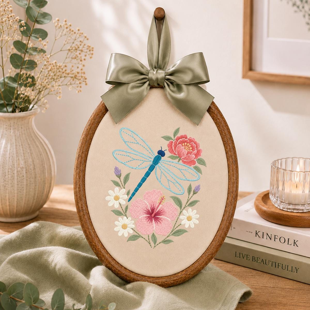 Embroidered Dragonfly Hoop Art Floral Wall Decor Hibiscus Peony Wildflower Botanical Nursery Hanging Nature Lover Gift Handmade Keepsake