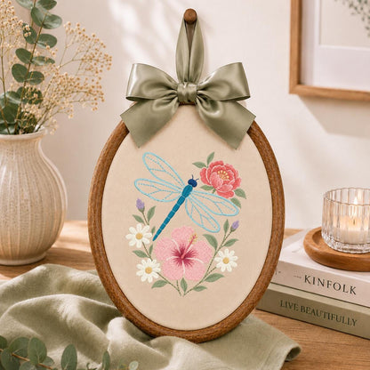 Embroidered Dragonfly Hoop Art Floral Wall Decor Hibiscus Peony Wildflower Botanical Nursery Hanging Nature Lover Gift Handmade Keepsake