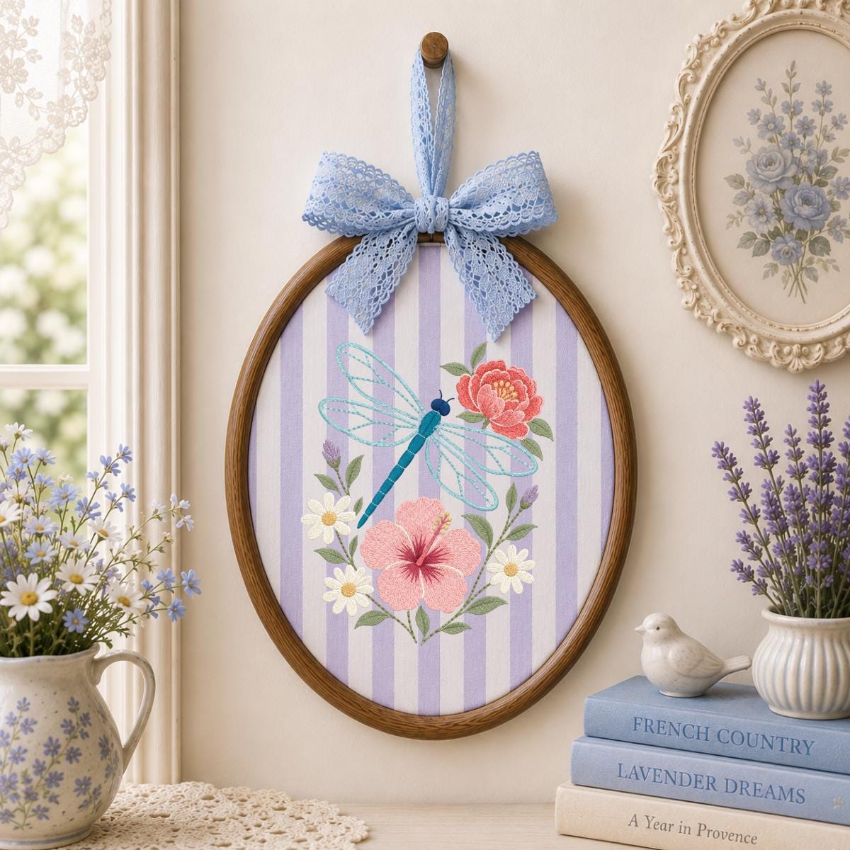 Embroidered Dragonfly Hoop Art Floral Wall Decor Hibiscus Peony Wildflower Botanical Nursery Hanging Nature Lover Gift Handmade Keepsake