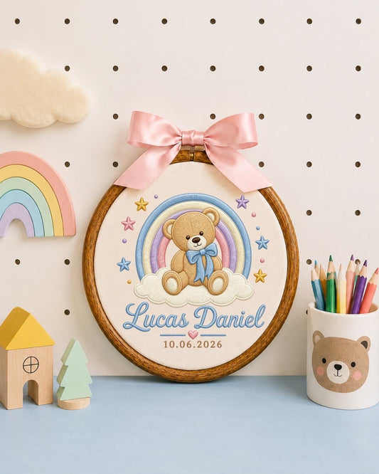 Personalized Teddy Bear Embroidered Ornament, Custom Baby Name Hoop, Rainbow Nursery Decor, Baby Boy Gift, Newborn Keepsake