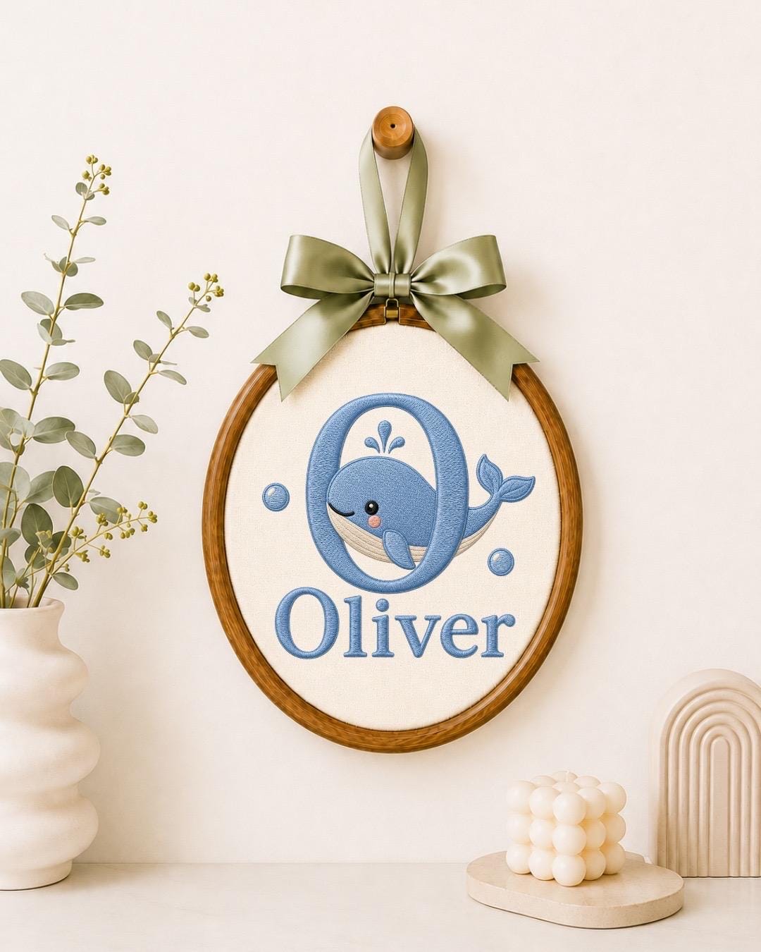 Personalized Whale Baby Embroidered Ornament, Custom Baby Name Hoop, Ocean Nursery Decor, Baby Boy Gift, Newborn Keepsake