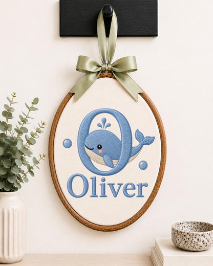 Personalized Whale Baby Embroidered Ornament, Custom Baby Name Hoop, Ocean Nursery Decor, Baby Boy Gift, Newborn Keepsake