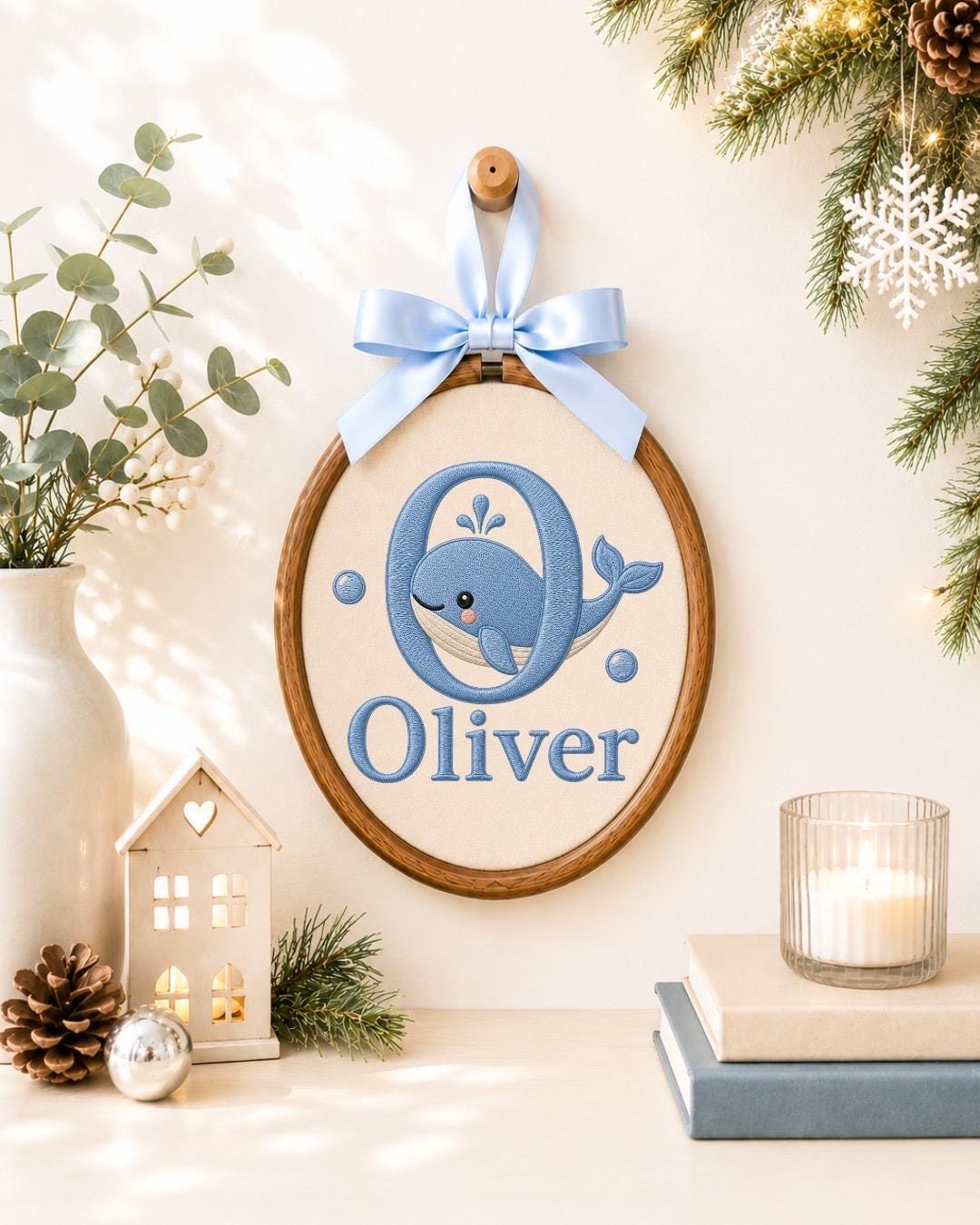 Personalized Whale Baby Embroidered Ornament, Custom Baby Name Hoop, Ocean Nursery Decor, Baby Boy Gift, Newborn Keepsake