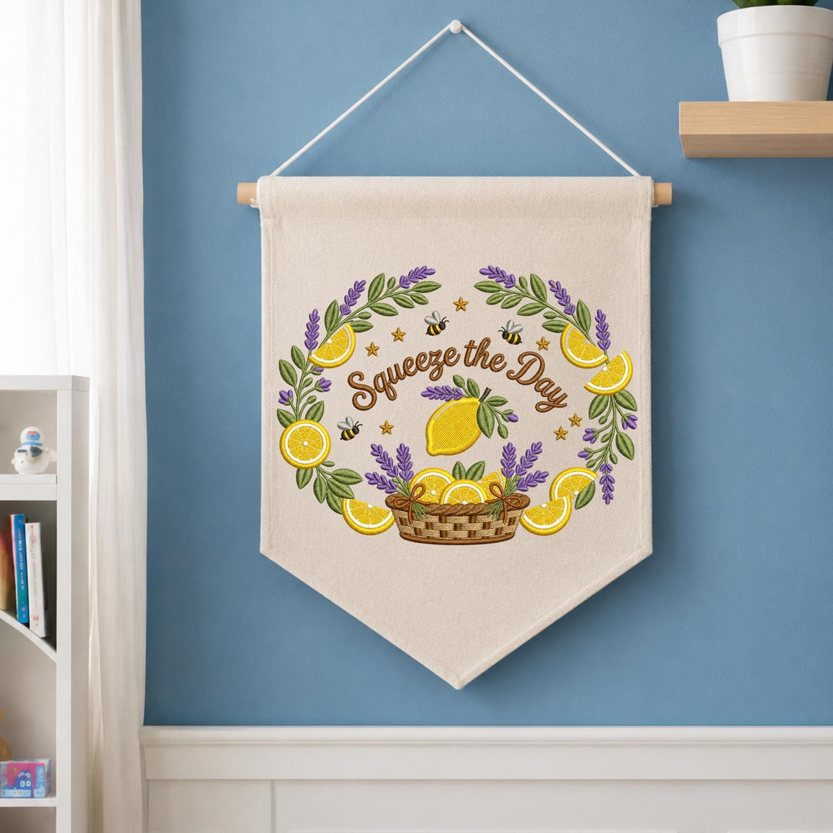 Squeeze the Day Embroidered Banner, Lemon Lavender Wall Hanging, Summer Kitchen Decor, Citrus Wreath Wall Art, Housewarming Gift