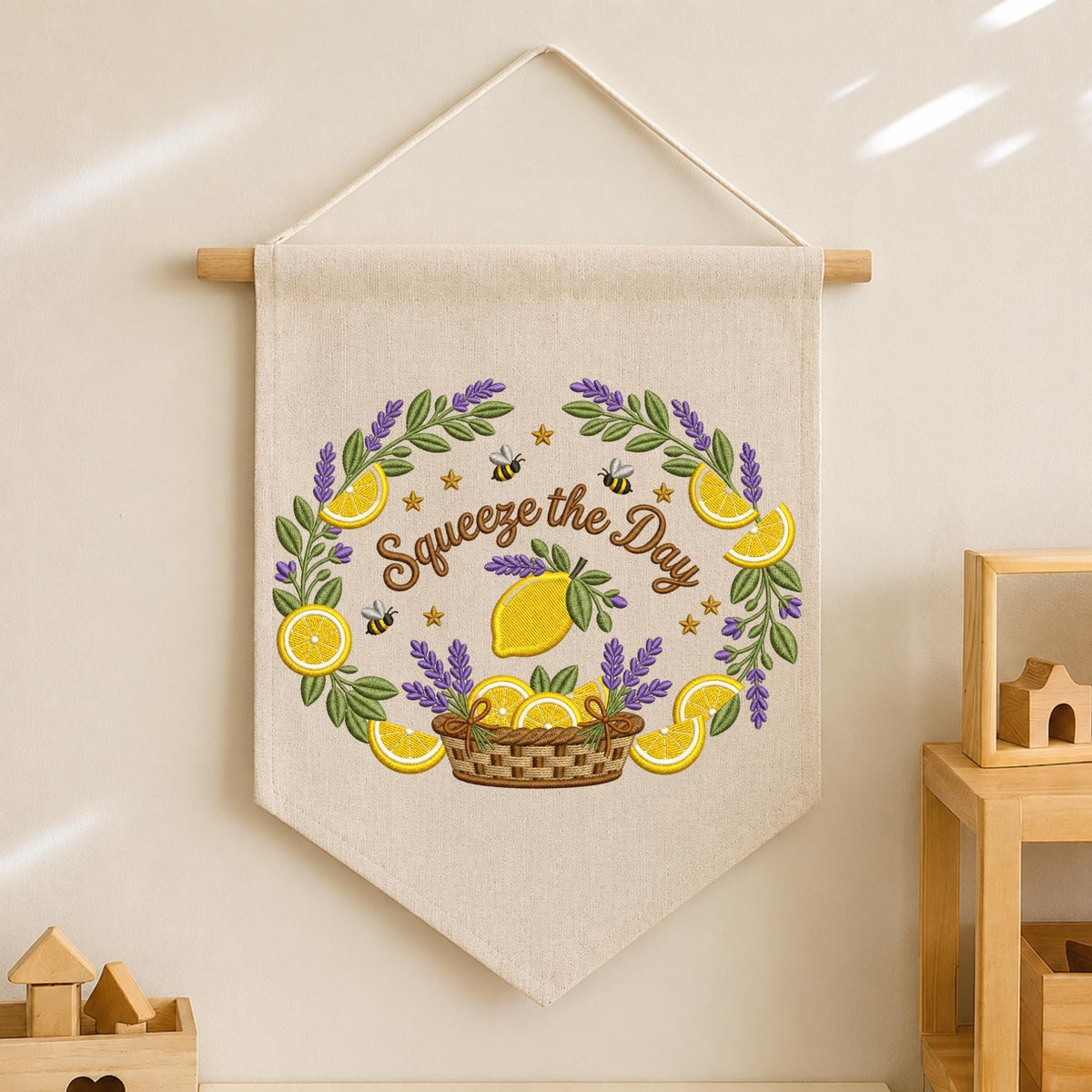 Squeeze the Day Embroidered Banner, Lemon Lavender Wall Hanging, Summer Kitchen Decor, Citrus Wreath Wall Art, Housewarming Gift