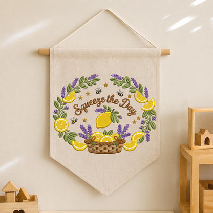 Squeeze the Day Embroidered Banner, Lemon Lavender Wall Hanging, Summer Kitchen Decor, Citrus Wreath Wall Art, Housewarming Gift