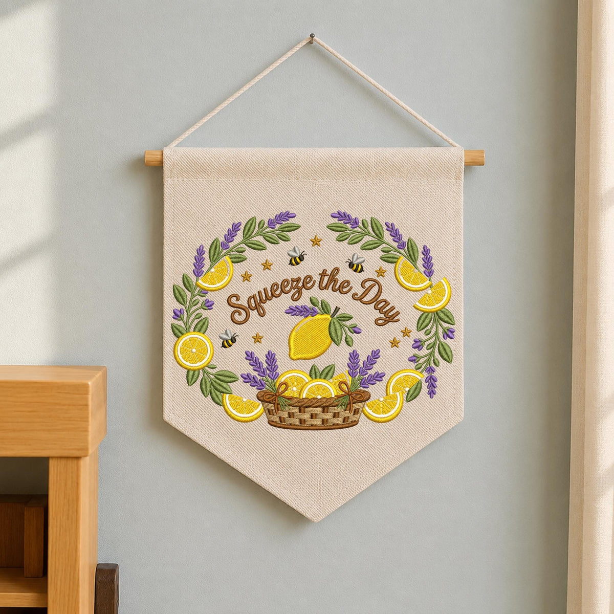 Squeeze the Day Embroidered Banner, Lemon Lavender Wall Hanging, Summer Kitchen Decor, Citrus Wreath Wall Art, Housewarming Gift