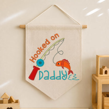 Personalized Fishing Dad Banner, Embroidered Hooked on Daddy Wall Hanging, Custom Father’s Day Gift, Fishing Dad Decor