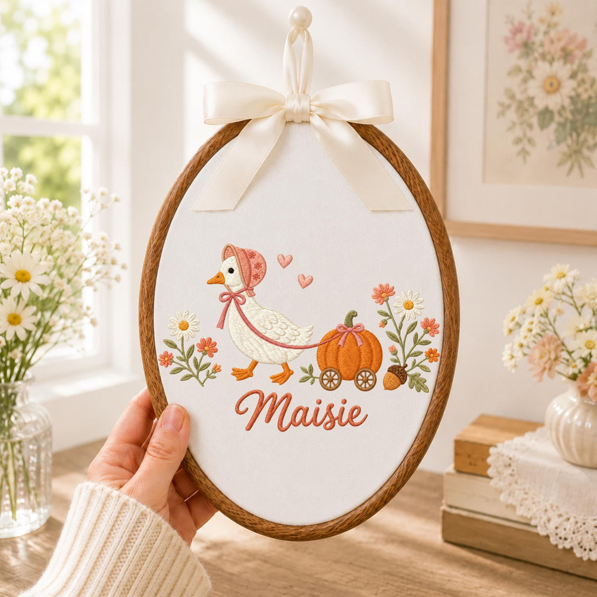 Personalized Goose Halloween Embroidered Ornament, Pumpkin Cart Baby Name Hoop, Fall Nursery Decor, Cute Halloween Baby Gift
