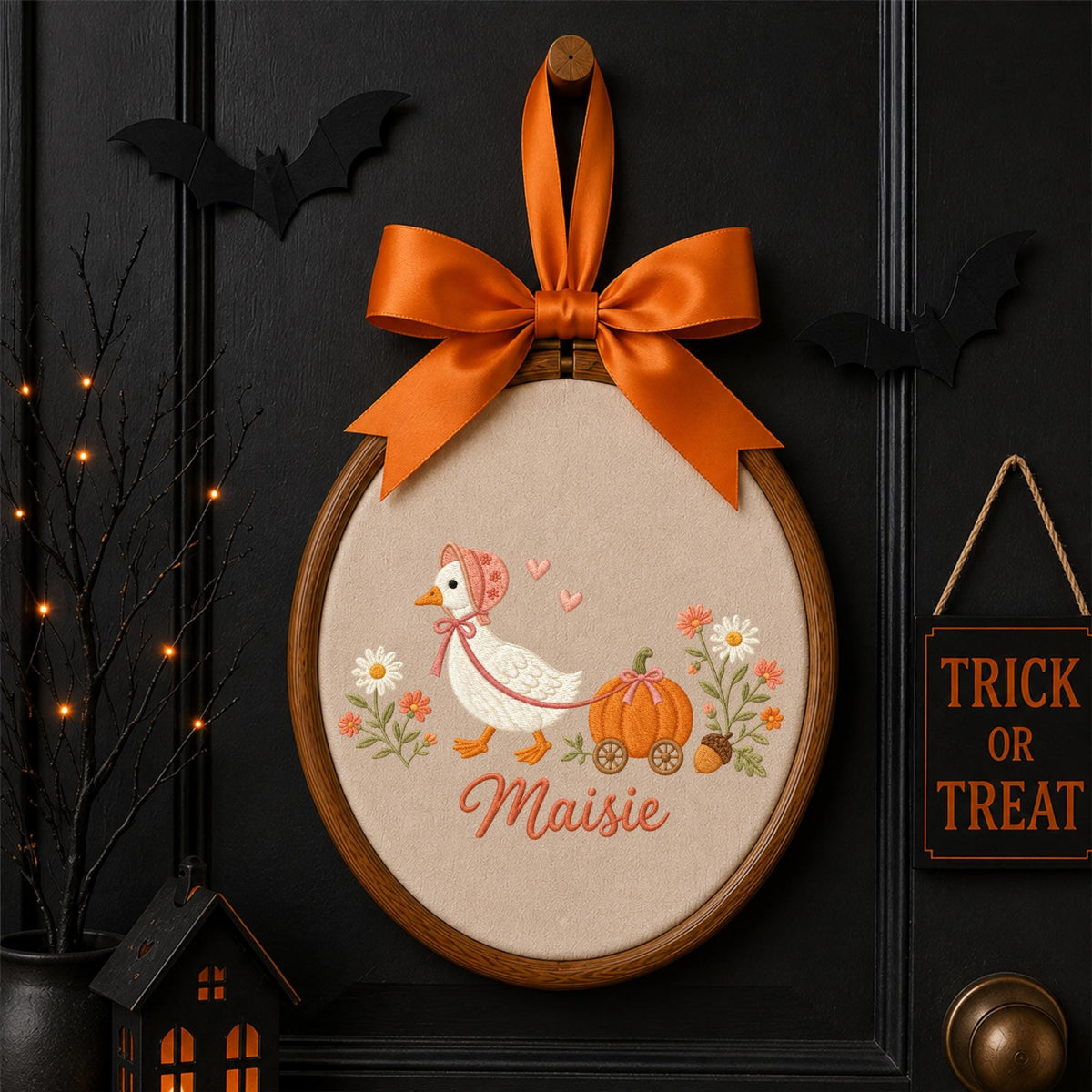 Personalized Goose Halloween Embroidered Ornament, Pumpkin Cart Baby Name Hoop, Fall Nursery Decor, Cute Halloween Baby Gift