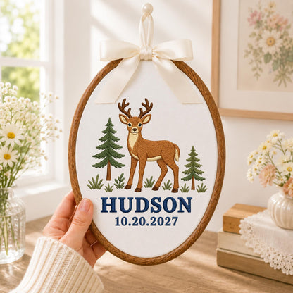 Personalized Deer Embroidered Ornament, Woodland Baby Name Sign, Forest Nursery Decor, Custom Baby Boy Keepsake, Deer Baby Shower Gift