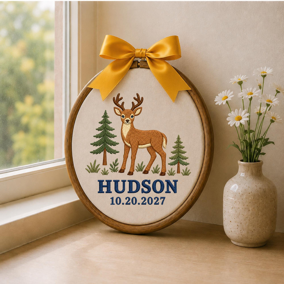 Personalized Deer Embroidered Ornament, Woodland Baby Name Sign, Forest Nursery Decor, Custom Baby Boy Keepsake, Deer Baby Shower Gift
