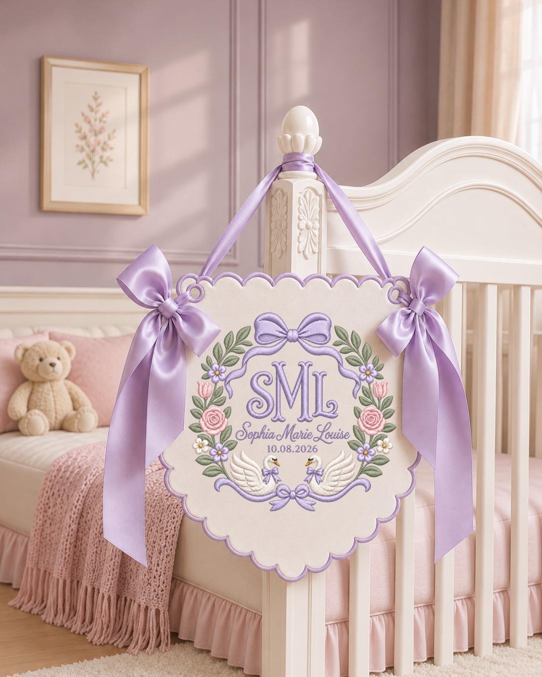 Personalized Swan Monogram Embroidered Baby Name Banner, Custom Floral Initial Nursery Sign, Bow Wall Hanging, Newborn Baby Shower Gift