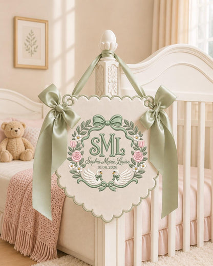Personalized Swan Monogram Embroidered Baby Name Banner, Custom Floral Initial Nursery Sign, Bow Wall Hanging, Newborn Baby Shower Gift