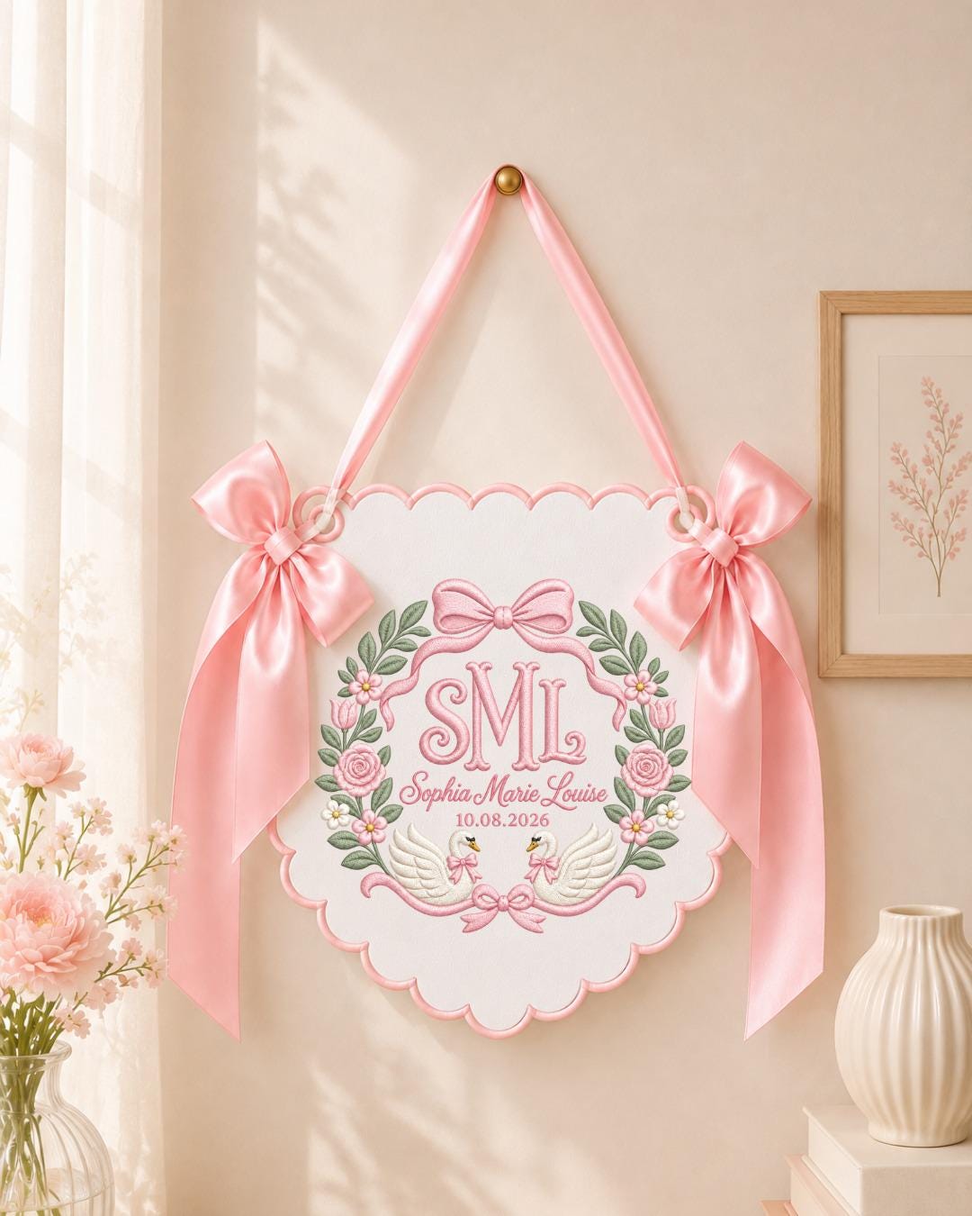 Personalized Swan Monogram Embroidered Baby Name Banner, Custom Floral Initial Nursery Sign, Bow Wall Hanging, Newborn Baby Shower Gift