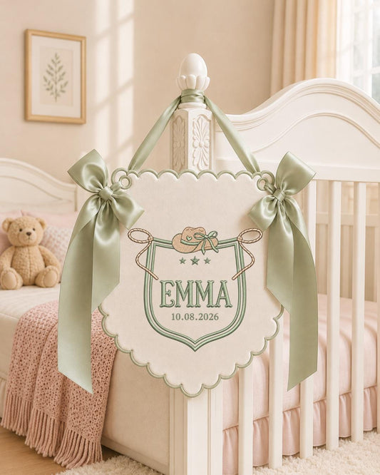 Personalized Cowgirl Embroidered Baby Name Banner, Custom Western Nursery Wall Hanging, Cowboy Hat Name Sign, Baby Shower Gift