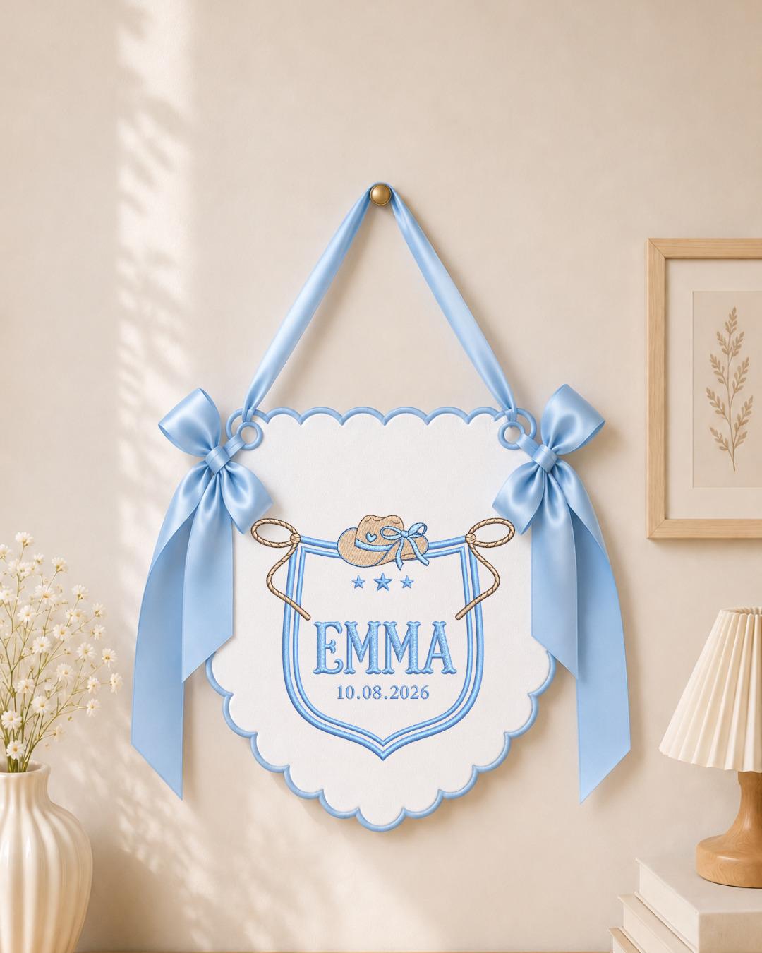 Personalized Cowgirl Embroidered Baby Name Banner, Custom Western Nursery Wall Hanging, Cowboy Hat Name Sign, Baby Shower Gift