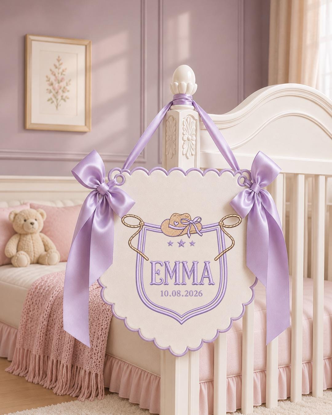 Personalized Cowgirl Embroidered Baby Name Banner, Custom Western Nursery Wall Hanging, Cowboy Hat Name Sign, Baby Shower Gift