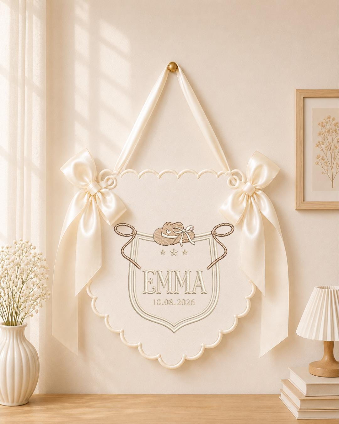 Personalized Cowgirl Embroidered Baby Name Banner, Custom Western Nursery Wall Hanging, Cowboy Hat Name Sign, Baby Shower Gift