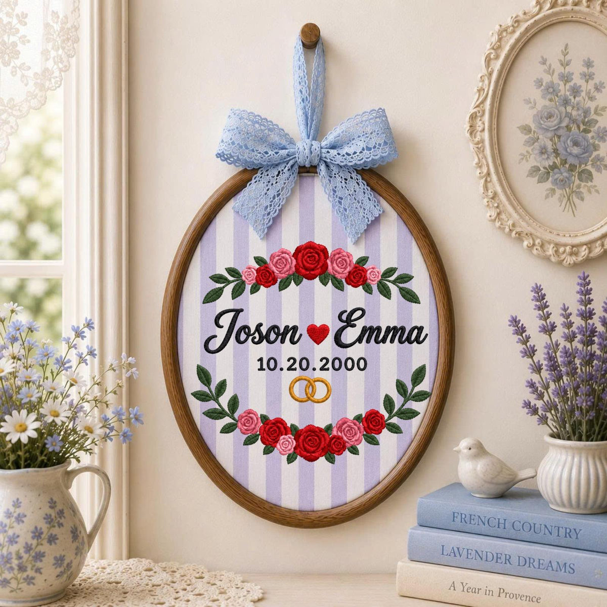 Personalized Wedding Embroidered Ornament, Custom Couple Names Anniversary Keepsake, Floral Wedding Date Gift, Engagement Bridal Shower