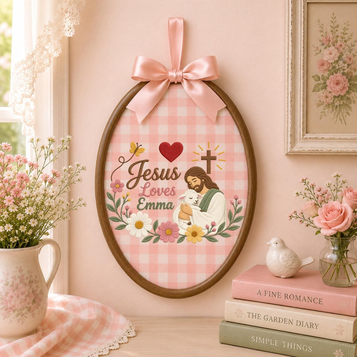 Personalized Jesus Loves Me Embroidered Ornament, Custom Christian Name Gift, Jesus and Lamb Floral Wall Decor, Baptism Faith Keepsake