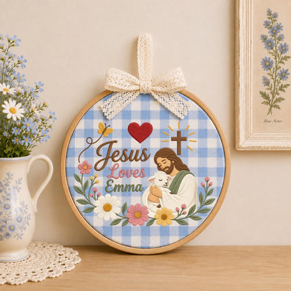Personalized Jesus Loves Me Embroidered Ornament, Custom Christian Name Gift, Jesus and Lamb Floral Wall Decor, Baptism Faith Keepsake