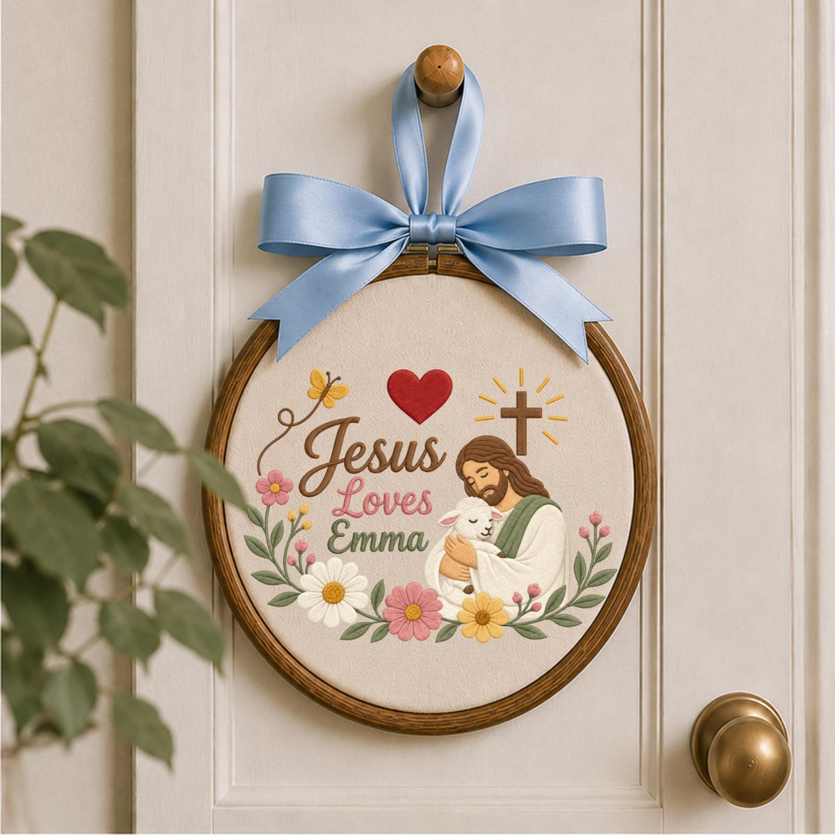 Personalized Jesus Loves Me Embroidered Ornament, Custom Christian Name Gift, Jesus and Lamb Floral Wall Decor, Baptism Faith Keepsake