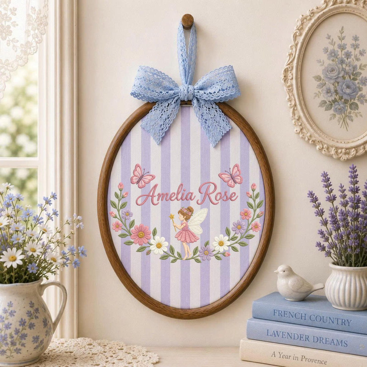 Personalized Fairy Embroidered Ornament, Custom Girl Name Floral Wall Decor, Butterfly Fairy Nursery Sign, Baby Girl Gift, Woodland Keepsake