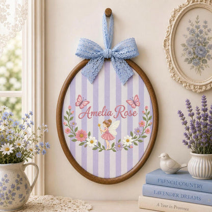 Personalized Fairy Embroidered Ornament, Custom Girl Name Floral Wall Decor, Butterfly Fairy Nursery Sign, Baby Girl Gift, Woodland Keepsake