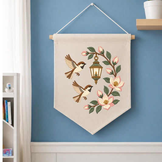 Embroidered Bird Banner Japanese Lantern Cherry Blossom Wall Hanging Garden Decor Cottage Home Gift Rustic Nature Art Handmade Keepsake