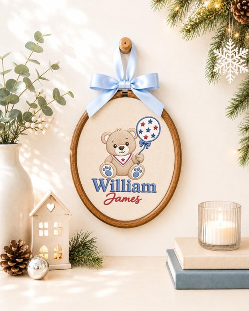 Personalized Teddy Bear Embroidered Ornament, Custom Baby Boy Name Ornament, Patriotic Bear Nursery Decor, Baby Shower Gift