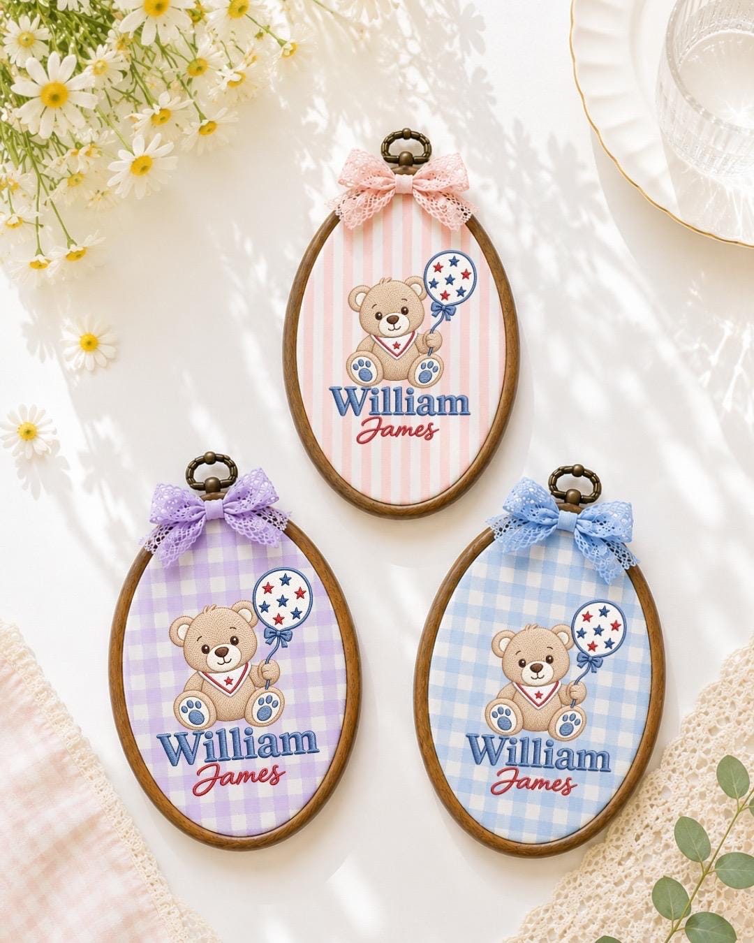 Personalized Teddy Bear Embroidered Ornament, Custom Baby Boy Name Ornament, Patriotic Bear Nursery Decor, Baby Shower Gift