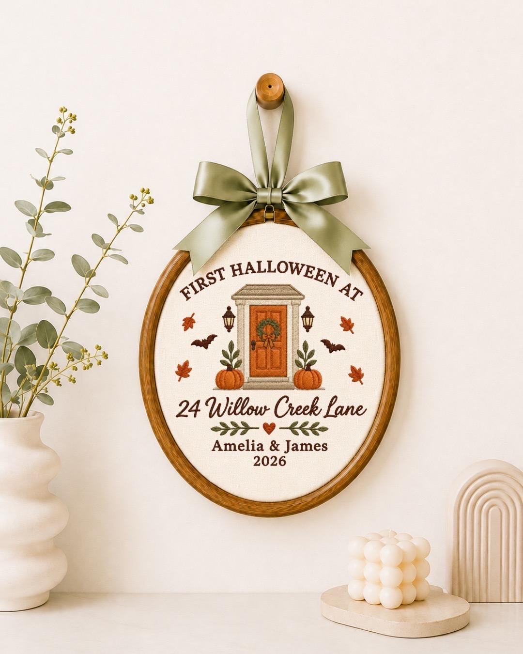 Personalized First Halloween Embroidered Ornament, Custom New Home Address Ornament, Couple Housewarming Gift, First Halloween Home Decor