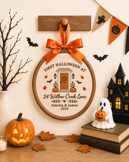 Personalized First Halloween Embroidered Ornament, Custom New Home Address Ornament, Couple Housewarming Gift, First Halloween Home Decor