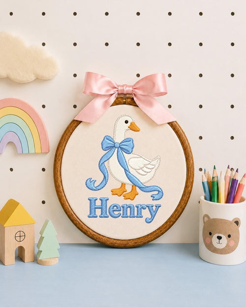 Personalized Goose Embroidered Ornament, Custom Baby Boy Name Ornament, Blue Bow Nursery Decor, Newborn Baby Shower Gift