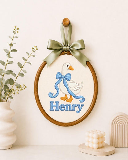 Personalized Goose Embroidered Ornament, Custom Baby Boy Name Ornament, Blue Bow Nursery Decor, Newborn Baby Shower Gift