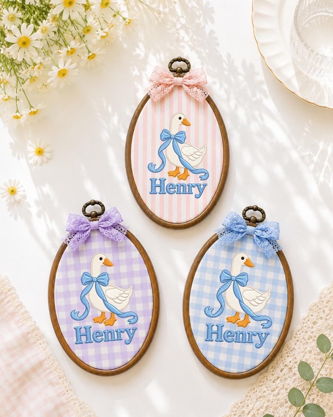 Personalized Goose Embroidered Ornament, Custom Baby Boy Name Ornament, Blue Bow Nursery Decor, Newborn Baby Shower Gift