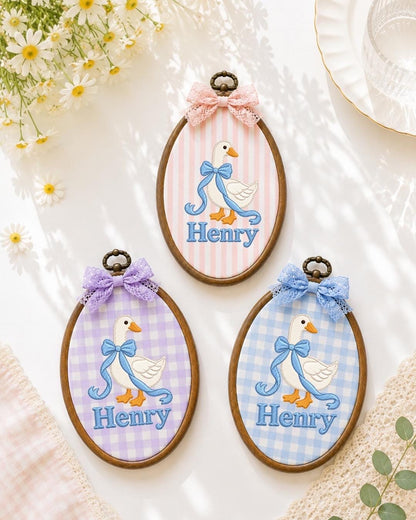 Personalized Goose Embroidered Ornament, Custom Baby Boy Name Ornament, Blue Bow Nursery Decor, Newborn Baby Shower Gift