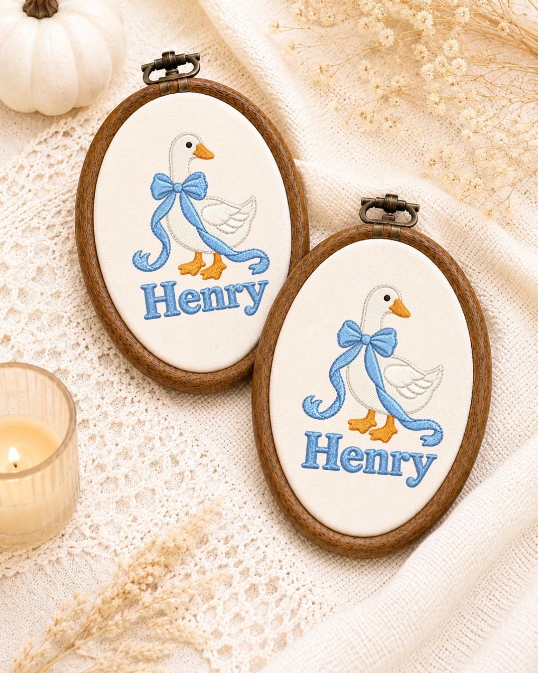 Personalized Goose Embroidered Ornament, Custom Baby Boy Name Ornament, Blue Bow Nursery Decor, Newborn Baby Shower Gift