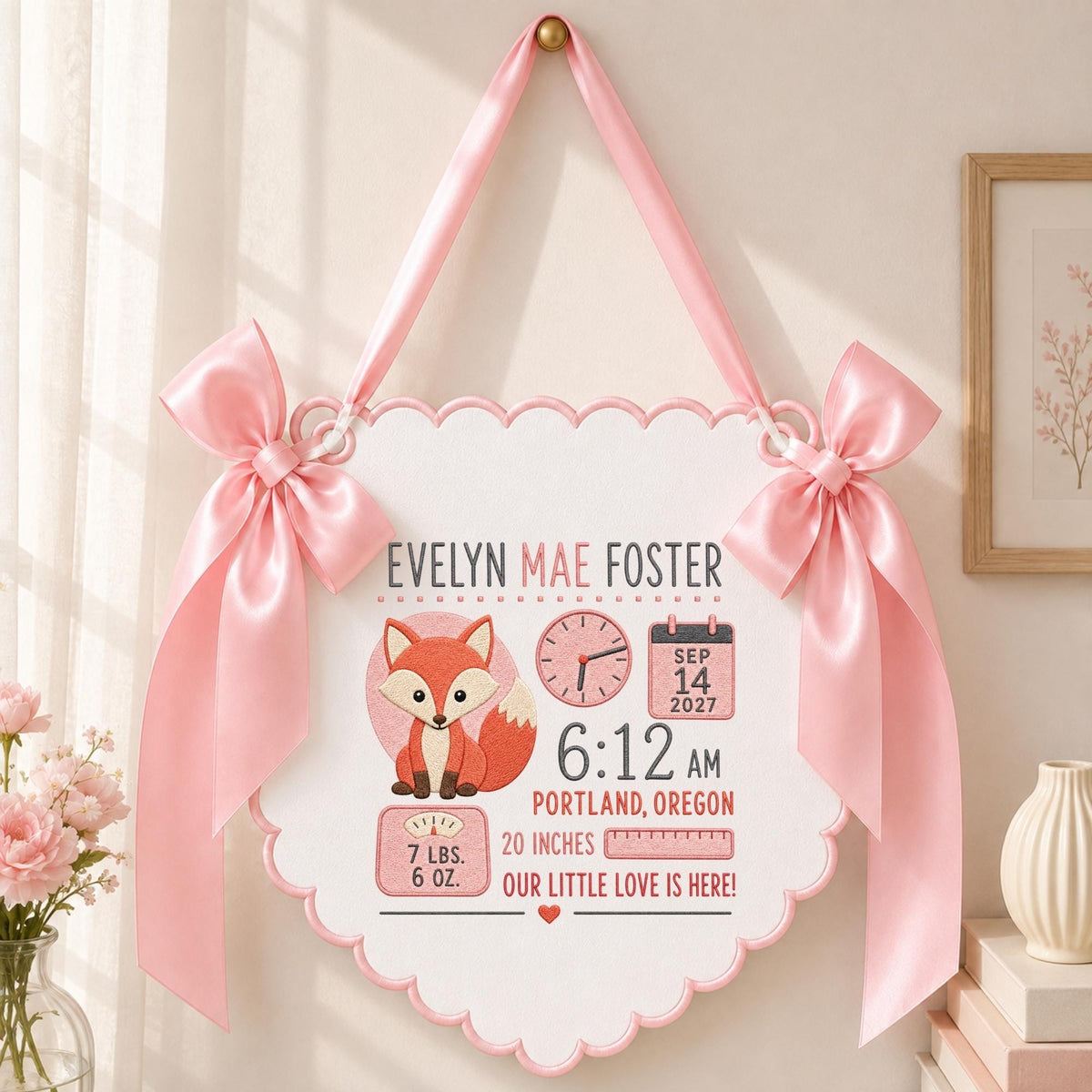 May include: A white scalloped wall hanging featuring a pink satin ribbon and bows. It displays the name Evelyn Mae Foster, a fox illustration, a clock, a calendar showing Sep 14 2027, 6:12 AM, Portland, Oregon, 20 inches, and 7 lbs. 6 oz.