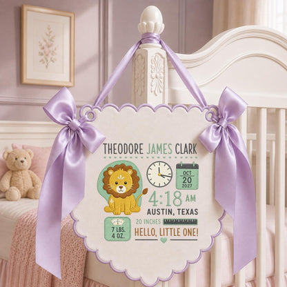 May include: A scalloped white wall hanging featuring the name Theodore James Clark, a lion illustration, a clock showing 4:18 AM, a calendar for Oct 20 2027, Austin Texas, 20 inches, 7 lbs. 4 oz., and Hello, Little One, accented with lavender ribbons.