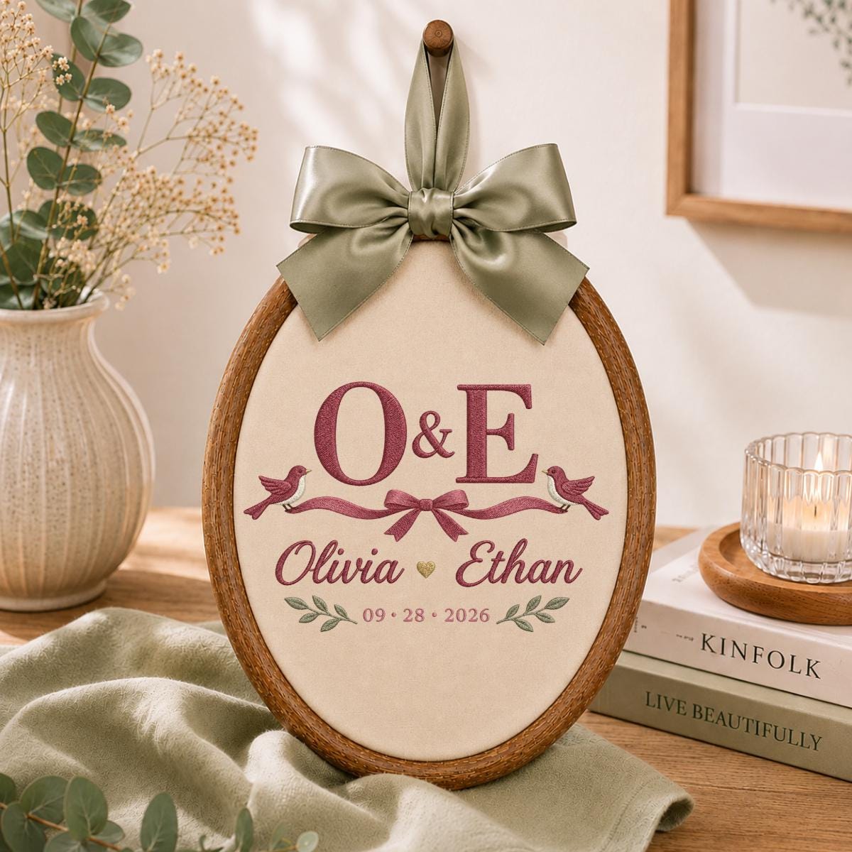 Personalized Wedding Oval Hoop Art, Custom Name Olivia Ethan Embroidered Lovebirds Ribbon Couple Wall Hanging Keepsake Gift