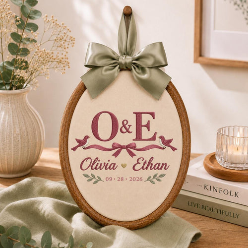 Personalized Wedding Oval Hoop Art, Custom Name Olivia Ethan Embroidered Lovebirds Ribbon Couple Wall Hanging Keepsake Gift