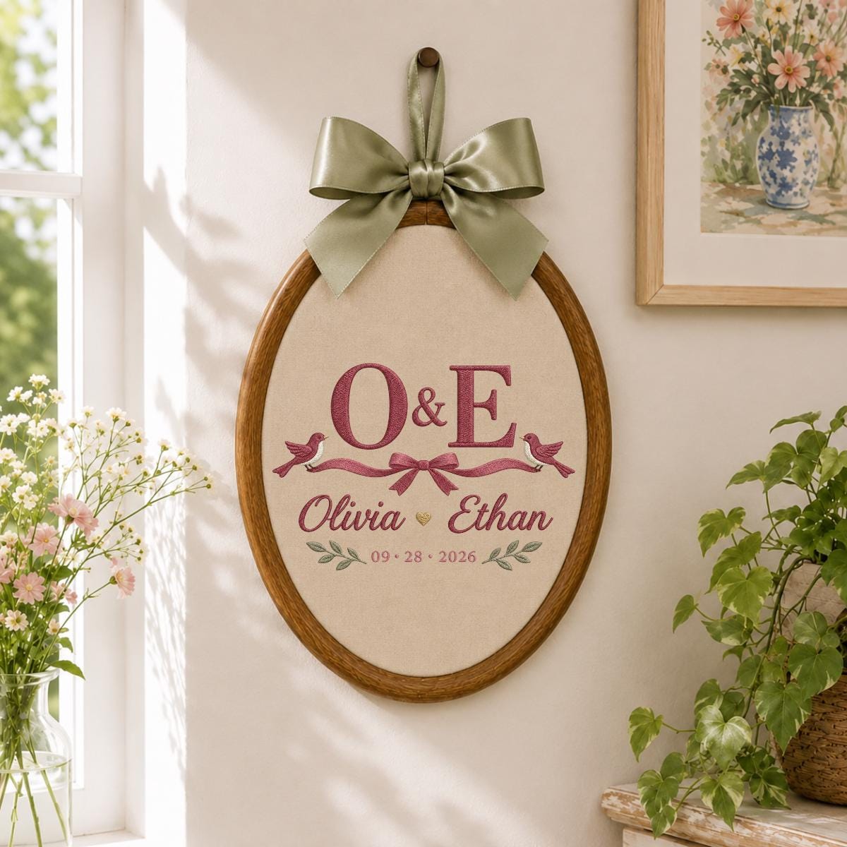 Personalized Wedding Oval Hoop Art, Custom Name Olivia Ethan Embroidered Lovebirds Ribbon Couple Wall Hanging Keepsake Gift