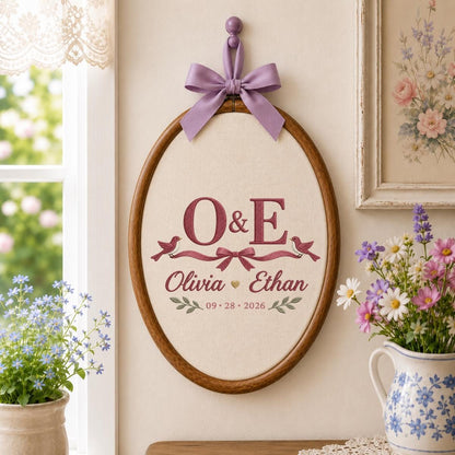 Personalized Wedding Oval Hoop Art, Custom Name Olivia Ethan Embroidered Lovebirds Ribbon Couple Wall Hanging Keepsake Gift