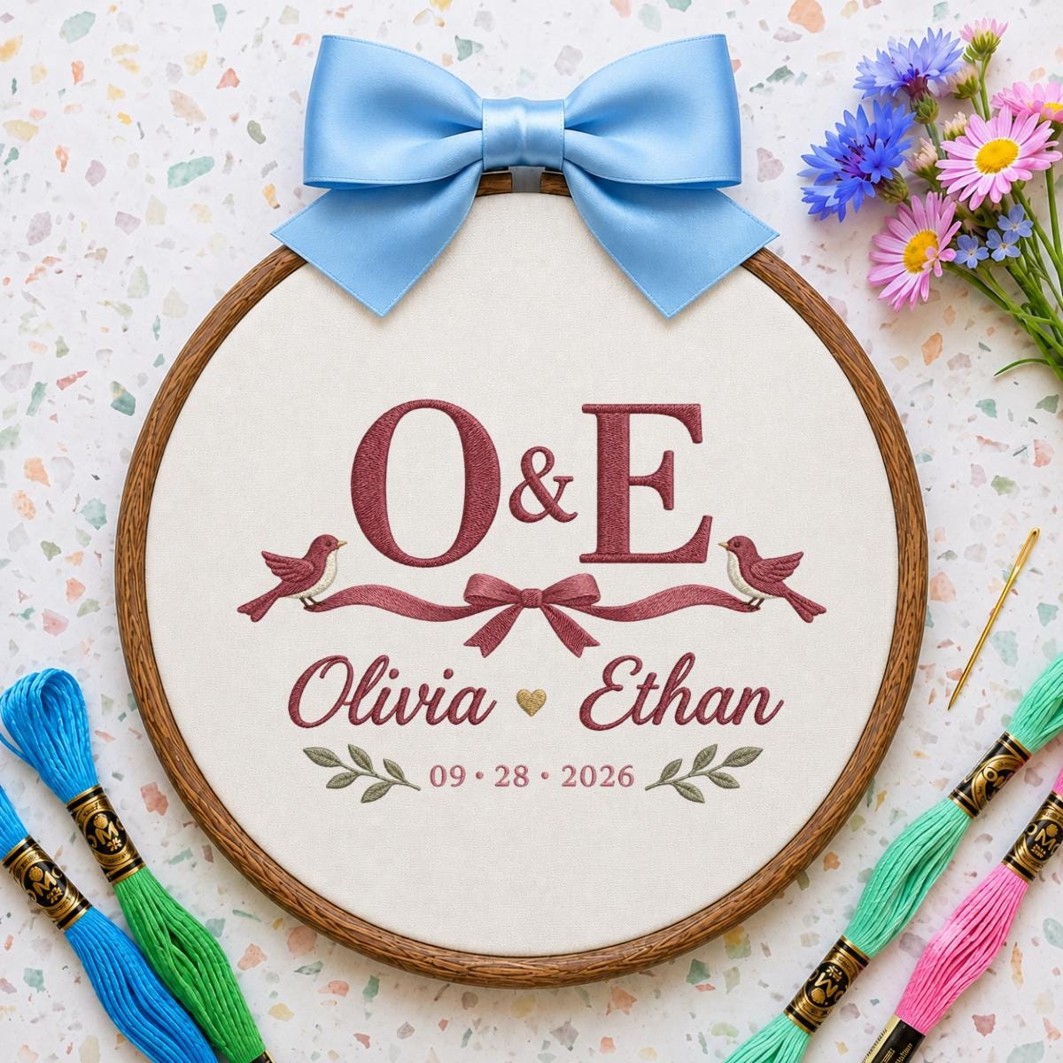 Personalized Wedding Oval Hoop Art, Custom Name Olivia Ethan Embroidered Lovebirds Ribbon Couple Wall Hanging Keepsake Gift