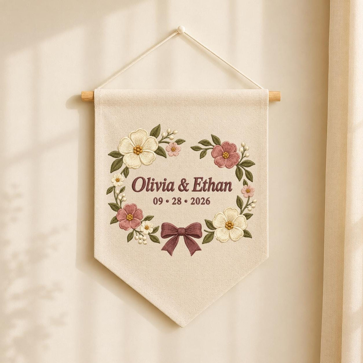 Personalized Anniversary Floral Canvas Pennant Decor, Custom Embroidered Couple Name Date Bow Flower Wreath Wall Hanging Sign